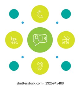 Set of 5 accessibility icons line style set. Collection of deafness, guide dog, audio description and other elements.