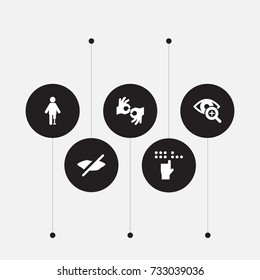 Set Of 5 Accessibility Icons Set.Collection Of Can Not Speak, Lens, Gesture And Other Elements.
