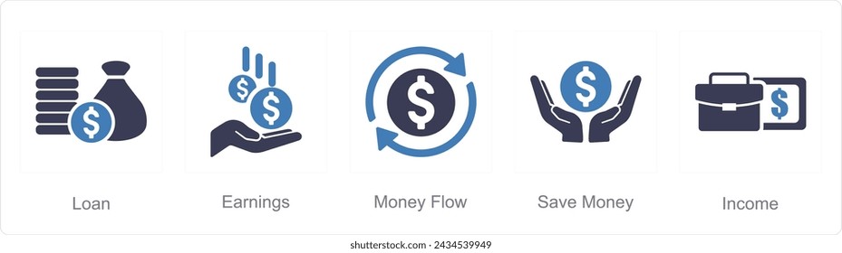 A set of 5 accounting icons as loan, earnings, money flow