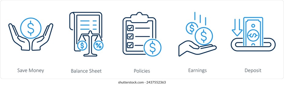 A set of 5 accounting icons as save money, balance sheet, policies