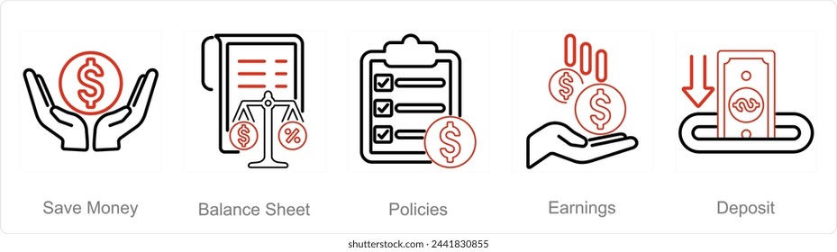 A set of 5 accounting icons as save money, balance sheet, policies