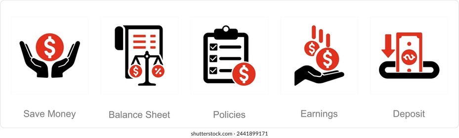Un conjunto de 5 iconos de contabilidad como ahorrar dinero, balance, políticas