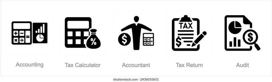 A set of 5 accounting icons as accounting, tax calculator, accountant