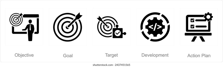 A set of 5 Action plan icons as objective, goal, target