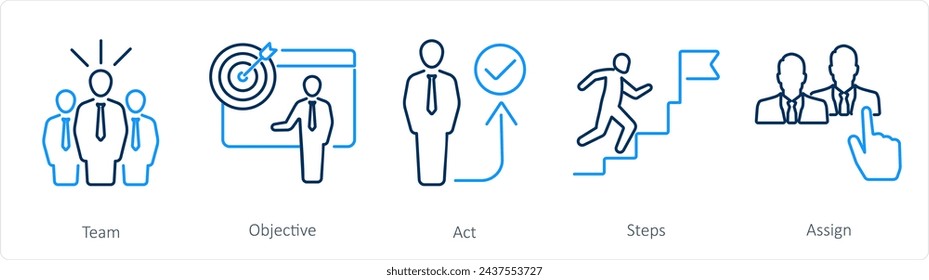 Un conjunto de 5 iconos de plan de acción como equipo, objetivo, acto