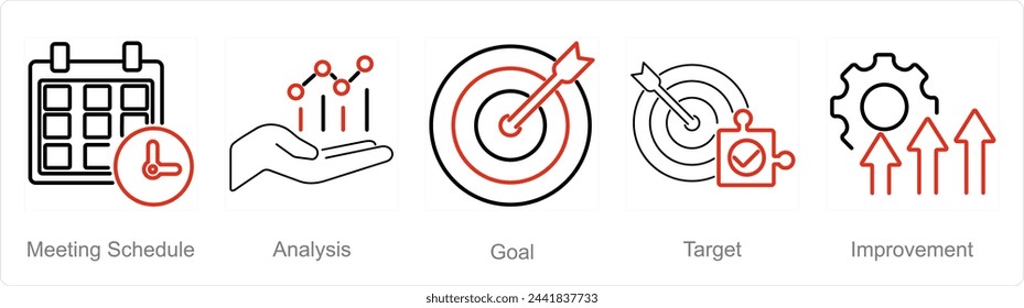 Un conjunto de 5 iconos de plan de acción como calendario de reuniones, análisis, objetivo