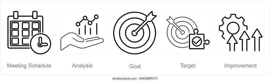 A set of 5 Action plan icons as meeting schedule, analysis, goal