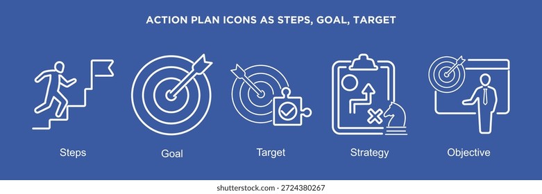 Un conjunto de 5 íconos del Plan de acción como pasos, objetivo, meta, estrategia y objetivo