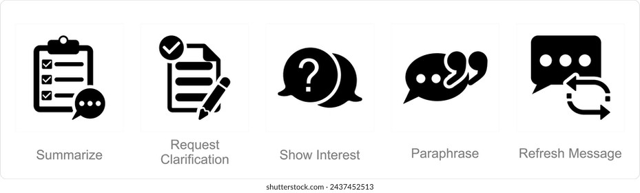 A set of 5 Active Listening icons as summarize, request clarification, show interest