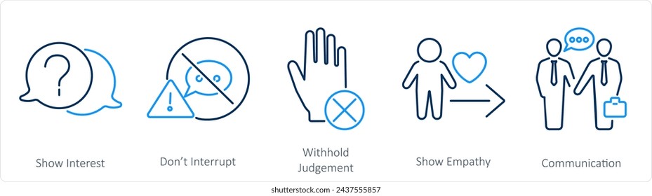 A set of 5 Active Listening icons as show interest, don? inturrupt, with hold judgement