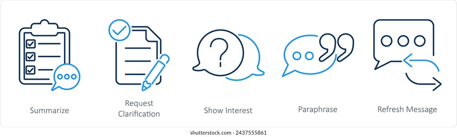 Un conjunto de 5 iconos de Active Listening como resumen, solicitar aclaraciones, mostrar interés