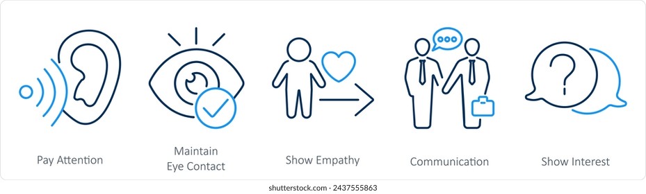 A set of 5 Active Listening icons as pay attention, maintain eye contact, show empathy