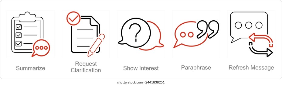 A set of 5 Active Listening icons as summarize, request clarification, show interest