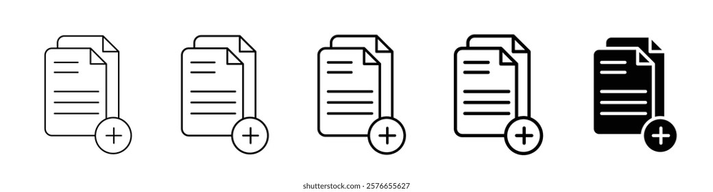 Set 5 add document icons, 1 unexpanded vector, 1 silhouette, line icon of adding documents, including file icons, folded papers and written pages, document addition icon