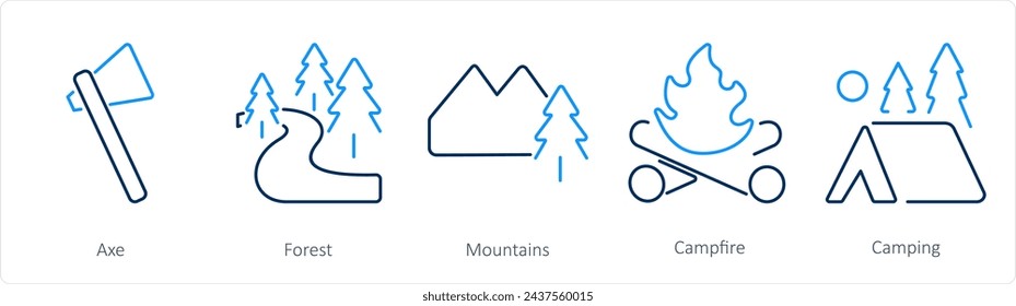 A set of 5 Adventure icons as axe, forest, mountains