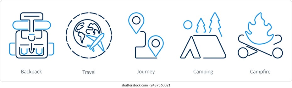 A set of 5 Adventure icons as backpack, travel, journey