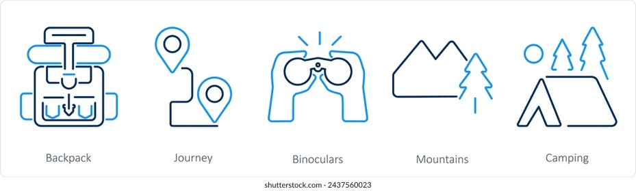 A set of 5 Adventure icons as backpack, journey, binoculars