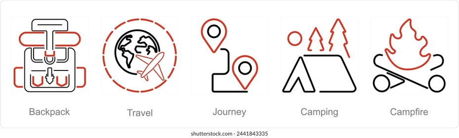 A set of 5 Adventure icons as backpack, travel, journey