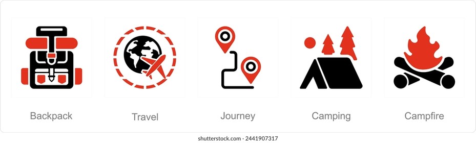 A set of 5 Adventure icons as backpack, travel, journey
