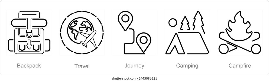 A set of 5 Adventure icons as backpack, travel, journey