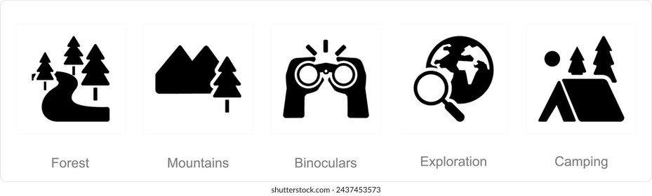 A set of 5 Adventure icons as forest, mountains, binoculars