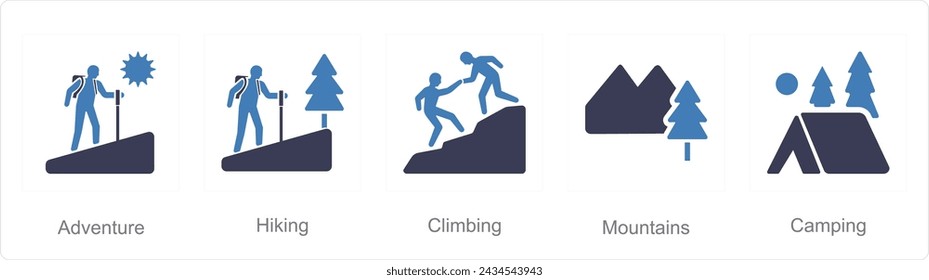 A set of 5 Adventure icons as adventure, hiking, climbing
