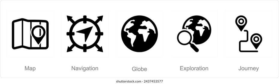 A set of 5 Adventure icons as map, navigation, globe
