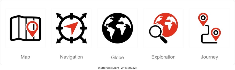 A set of 5 Adventure icons as map, navigation, globe