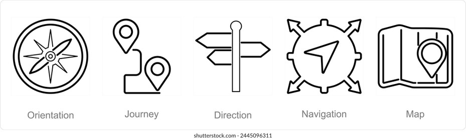 A set of 5 Adventure icons as orientation, journey, direction