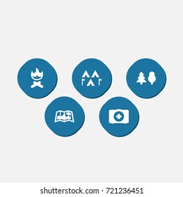 Set Of 5 Adventure Icons Set.Collection Of Tree, Camp, Campfire And Other Elements.