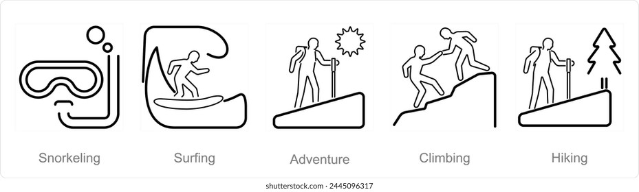 A set of 5 Adventure icons as snorkeling, surfing, adventure