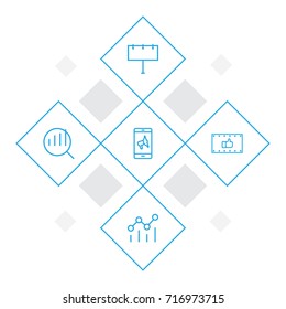 Set Of 5 Advertising Outline Icons Set.Collection Of Billboard, Research, Mobile Marketing And Other Elements.