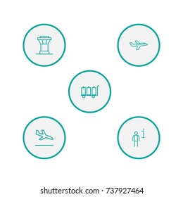 Set Of 5 Airplane Outline Icons Set.Collection Of Sit, Control Tower, Luggage Trolley And Other Elements.