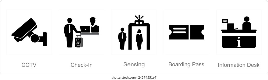 A set of 5 Airport icons as cctv, check in, sensing