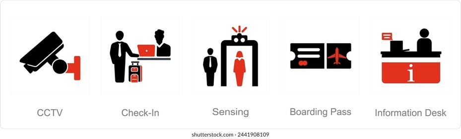 Un conjunto de 5 iconos del aeropuerto como cctv, check in, detección