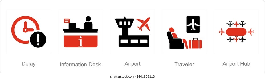 Un conjunto de 5 iconos del aeropuerto como retraso, mostrador de información, aeropuerto