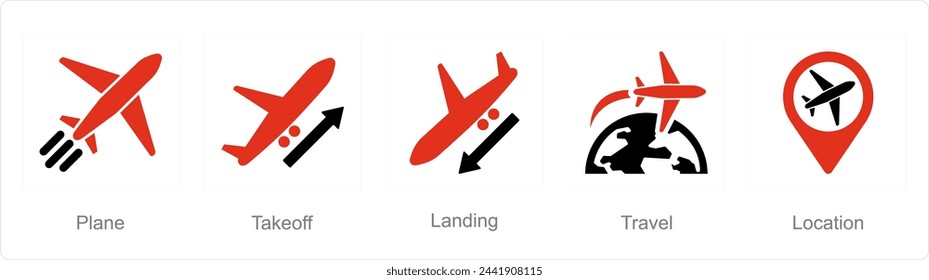 A set of 5 Airport icons as plane, take off, landing