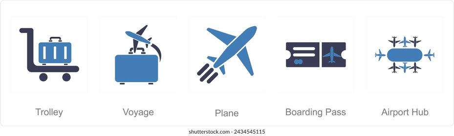 A set of 5 Airport icons as trolley, voyage, plane