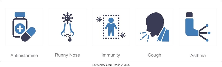 A set of 5 Allergy icons as antihistamine, runny nose, immunity
