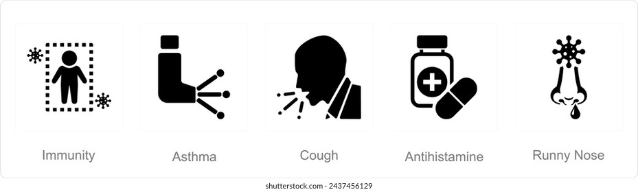 Un conjunto de 5 iconos de alergia como inmunidad, asma, tos