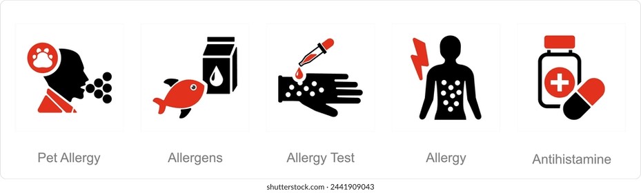 A set of 5 Allergy icons as pet allergy, allergens, allergy test