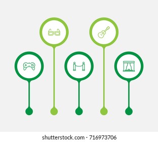 Set Of 5 Amusement Outline Icons Set.Collection Of Barrier Rope, Game Controller, Guitar And Other Elements.