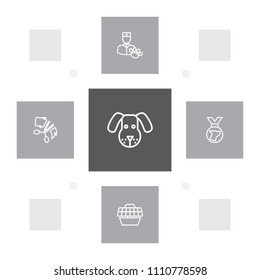 Set of 5 animals icons line style set. Collection of head, pet crate, veterinarian and other elements.