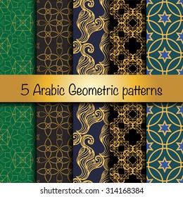 Set of 5 arabic geometric patterns. Hand drawn background. Islam, Arabic, Indian ornament.
