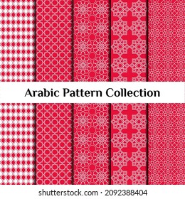Set of 5 arabic patterns background. Geometric muslim ornament. red on white color palette.islamic texture. traditional arab wallpaper