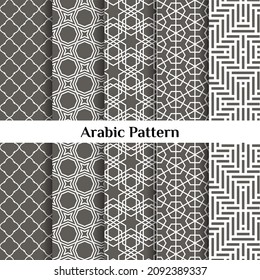 Set of 5 arabic patterns background. grey on white color palette. vector illustration of islamic texture. traditional arab wallpaper