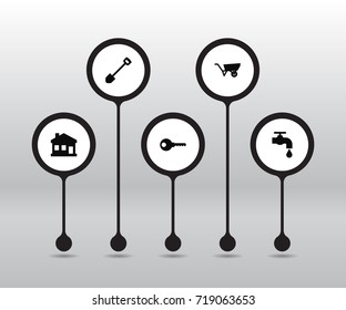 Set Of 5 Architecture Icons Set.Collection Of Home, Faucet, Pushcart And Other Elements.
