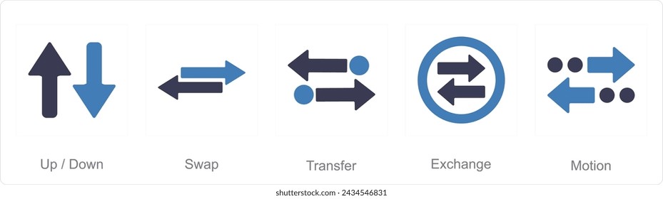 A set of 5 arrows icons as up down, swap, transfer