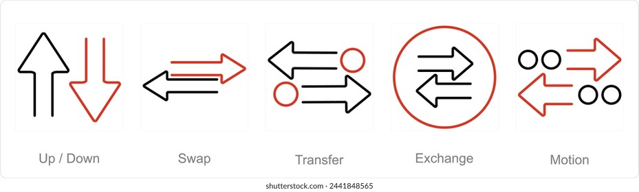 A set of 5 arrows icons as up down, swap, transfer