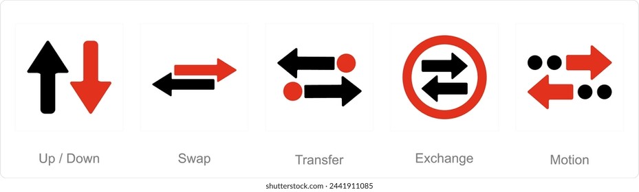 A set of 5 arrows icons as up down, swap, transfer